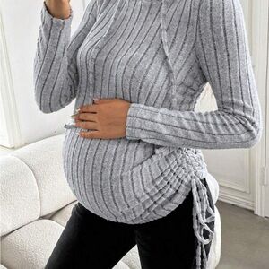 SHEIN Light Gray Ribbed Maternity Hoodie with Side Ruching